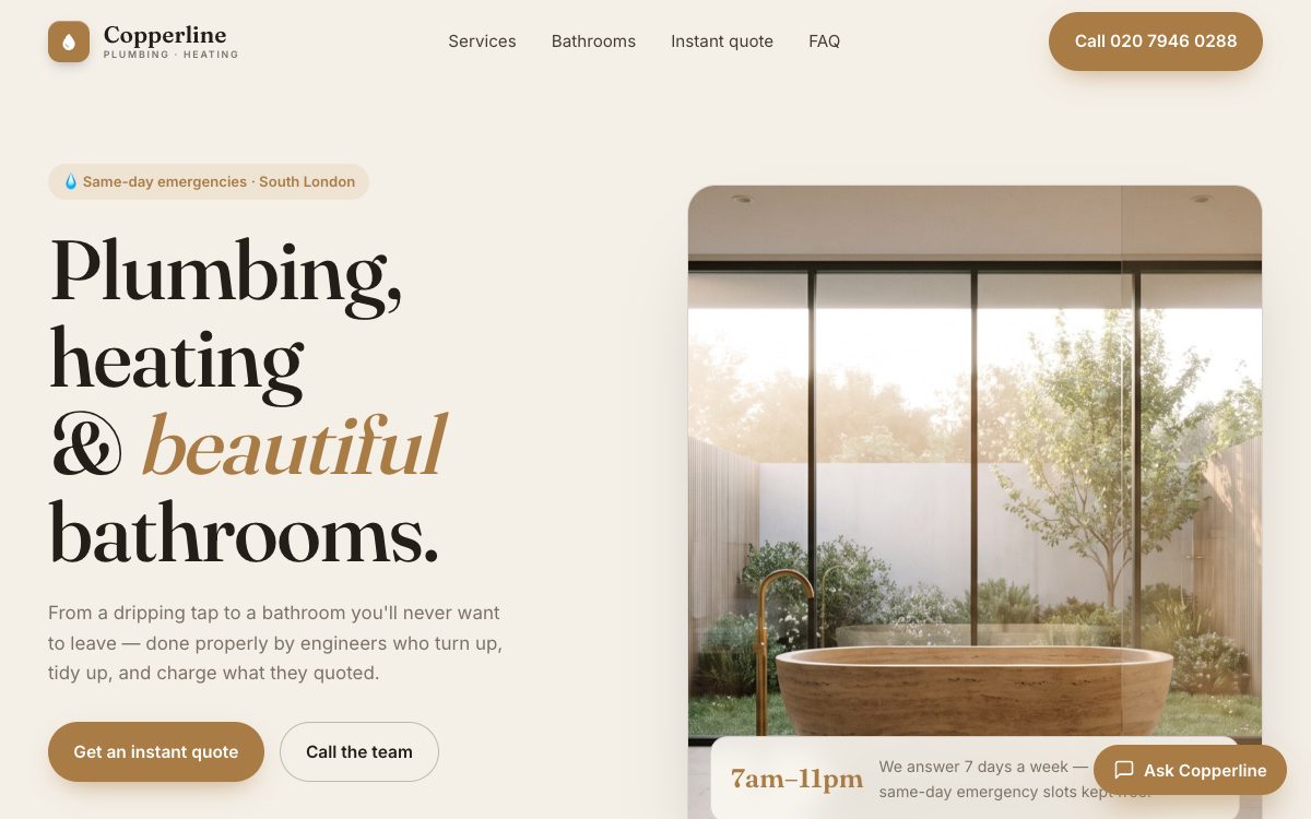 Home page of the Copperline Plumbing & Heating concept site
