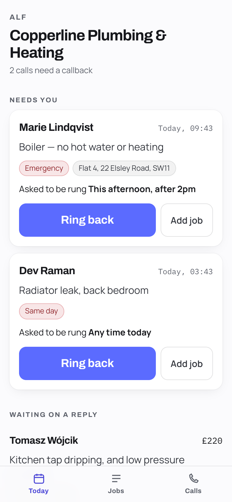 The ALF client app on a phone, showing today's calls that still need a callback